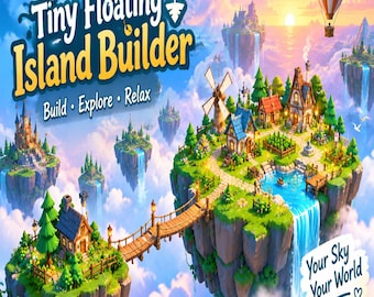 May include: A digital illustration titled Tiny Floating Island Builder featuring a landscape of green islands suspended in a blue sky with clouds. The scene includes houses, a windmill, a waterfall, a rope bridge, and a hot air balloon.