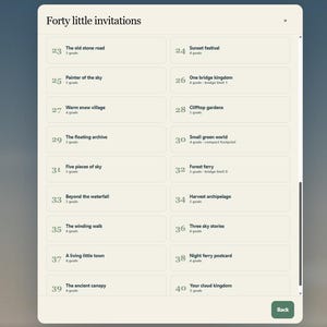 May include: A digital interface titled Forty little invitations displaying a list of numbered items from 23 to 40. Each entry features a title, a goal count, and occasional constraints like bridge limits or compact footprints, all on a light background.