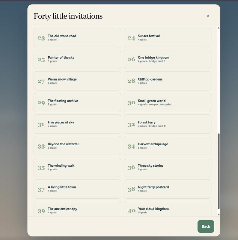 May include: A digital interface titled Forty little invitations displaying a list of numbered items from 23 to 40. Each entry features a title, a goal count, and occasional constraints like bridge limits or compact footprints, all on a light background.