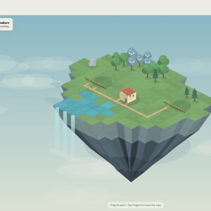 May include: A digital interface for the game Meadow Makers showing a floating isometric island with green terrain, a small house, a blue pond with a waterfall, and various trees. The sidebar displays a menu for selecting nature elements.