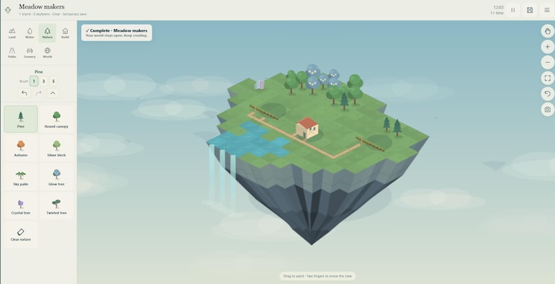 May include: A digital interface for the game Meadow Makers showing a floating isometric island with green terrain, a small house, a blue pond with a waterfall, and various trees. The sidebar displays a menu for selecting nature elements.