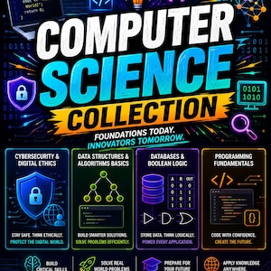 May include: A neon-style poster titled COMPUTER SCIENCE COLLECTION with the text FOUNDATIONS TODAY. INNOVATORS TOMORROW. It features icons for cybersecurity, data structures, databases, and programming, plus the text LEARN. PRACTICE. INNOVATE. BE THE DIFFERENCE.