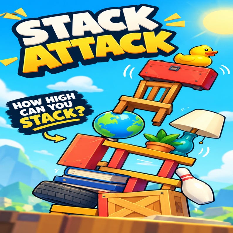 May include: A digital illustration titled STACK ATTACK with the text HOW HIGH CAN YOU STACK? featuring a precarious tower of objects including a wooden crate, tire, books, shelf, globe, plant, lamp, stool, suitcase, and a yellow rubber duck.