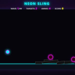 K&ouml;nnte beinhalten: Eine digitale Spieloberfl&auml;che mit dem Titel NEON SLING auf schwarzem Hintergrund. Der Bildschirm zeigt den Text: WAVE: 1/99, TARGETS: 2, AMMO: 4 und SCORE: 0. Ein leuchtend cyanfarbener Kreis schwebt &uuml;ber einer horizontalen Linie, w&auml;hrend zwei magentafarbene Sechsecke auf dunklen rechteckigen Bl&ouml;cken liegen.