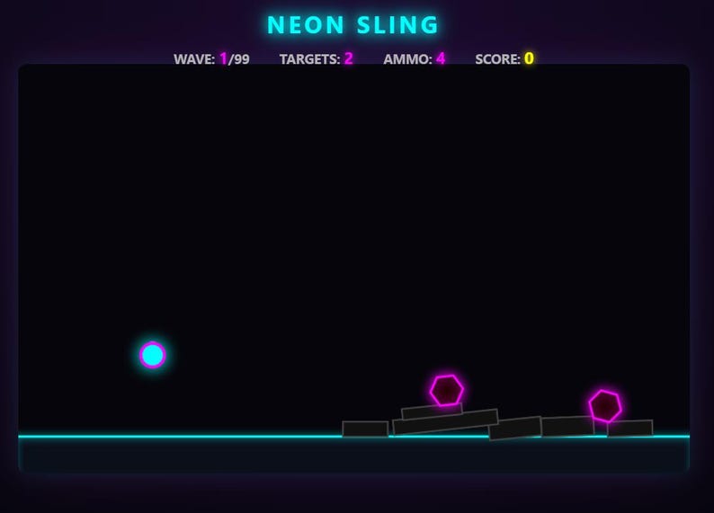 K&ouml;nnte beinhalten: Eine digitale Spieloberfl&auml;che mit dem Titel NEON SLING auf schwarzem Hintergrund. Der Bildschirm zeigt den Text: WAVE: 1/99, TARGETS: 2, AMMO: 4 und SCORE: 0. Ein leuchtend cyanfarbener Kreis schwebt &uuml;ber einer horizontalen Linie, w&auml;hrend zwei magentafarbene Sechsecke auf dunklen rechteckigen Bl&ouml;cken liegen.