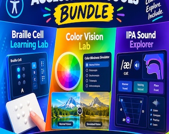 May include: An Accessibility Tools Bundle graphic featuring three sections: Braille Cell Learning Lab with a tactile interface, Color Vision Lab with a color wheel and blindness simulator, and IPA Sound Explorer showing phonetic charts and mouth diagrams.