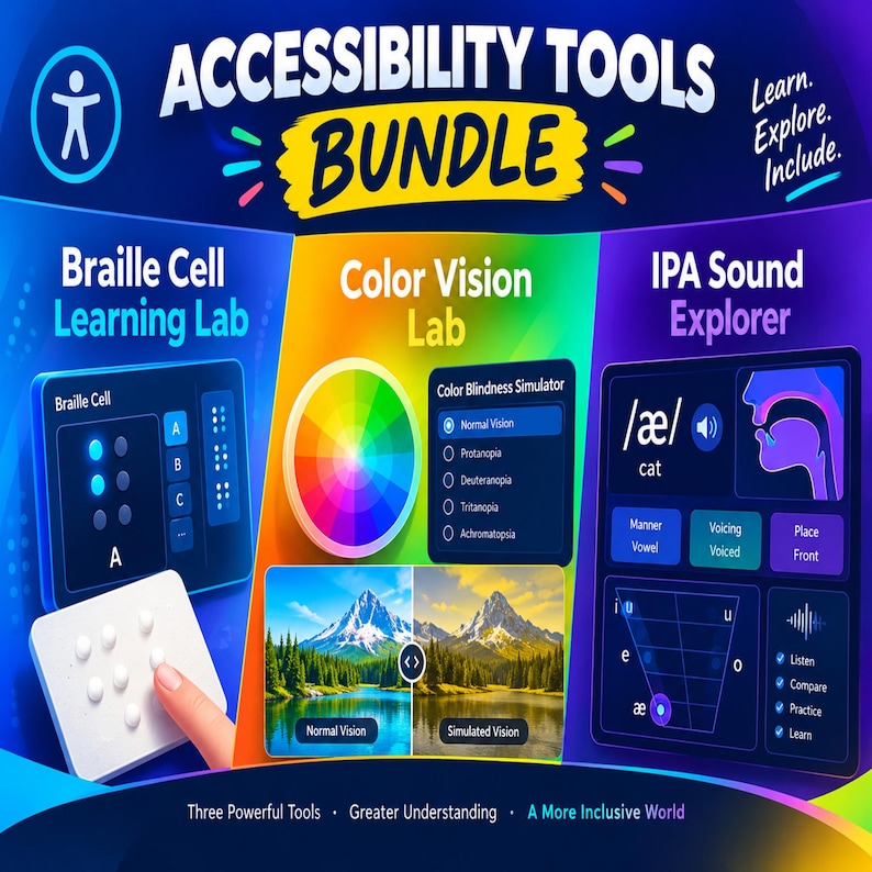 May include: An Accessibility Tools Bundle graphic featuring three sections: Braille Cell Learning Lab with a tactile interface, Color Vision Lab with a color wheel and blindness simulator, and IPA Sound Explorer showing phonetic charts and mouth diagrams.