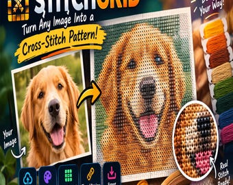 May include: A digital graphic for StitchGrid software featuring a golden retriever photograph converted into a cross-stitch pattern. The display includes text, a grid overlay, a circular zoomed-in stitch detail, and colorful embroidery thread spools.