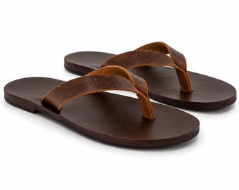 Chinelo de couro artesanal masculino | Sandálias minimalistas de couro marrom | Sandálias de dedo artesanais | Chinelos de verão em couro legítimo