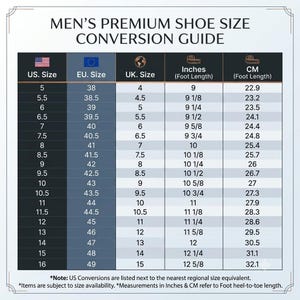 Pode incluir: Uma tabela de convers&atilde;o de tamanhos de cal&ccedil;ado com o t&iacute;tulo MEN'S PREMIUM SHOE SIZE CONVERSION GUIDE. A tabela apresenta colunas para tamanhos dos EUA, UE e Reino Unido, al&eacute;m de medidas de comprimento do p&eacute; em polegadas e cent&iacute;metros de 5 a 16.
