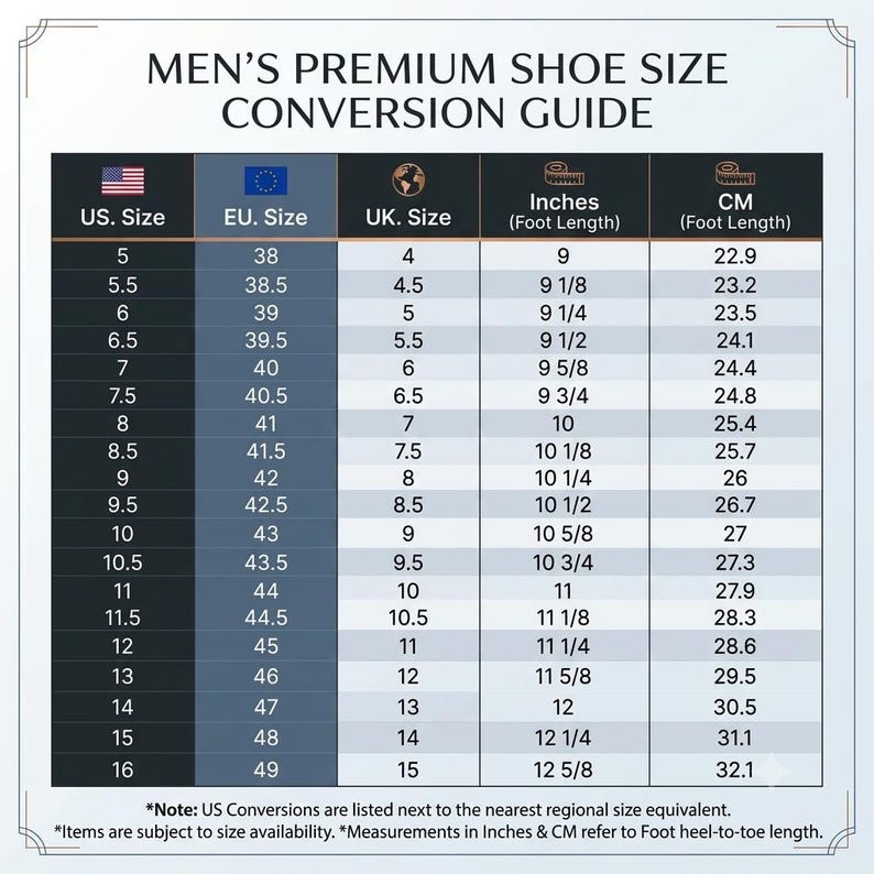 Pode incluir: Uma tabela de convers&atilde;o de tamanhos de cal&ccedil;ado com o t&iacute;tulo MEN'S PREMIUM SHOE SIZE CONVERSION GUIDE. A tabela apresenta colunas para tamanhos dos EUA, UE e Reino Unido, al&eacute;m de medidas de comprimento do p&eacute; em polegadas e cent&iacute;metros de 5 a 16.