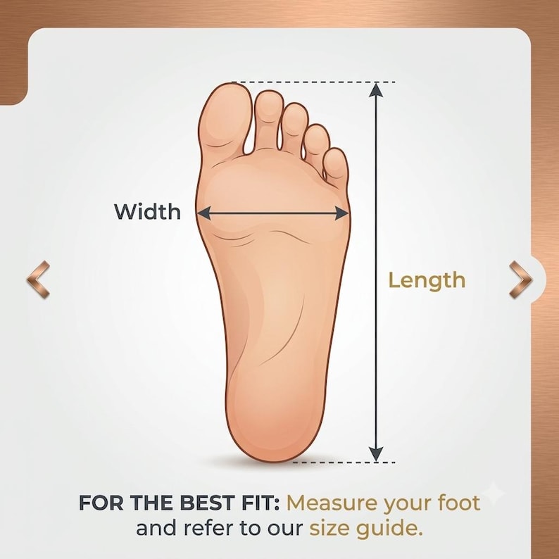 Pode incluir: Um diagrama de um p&eacute; humano mostrando como medir o tamanho. A ilustra&ccedil;&atilde;o inclui uma seta horizontal rotulada como Width e uma seta vertical rotulada como Length. O texto na parte inferior diz: FOR THE BEST FIT: Measure your foot and refer to our size guide.