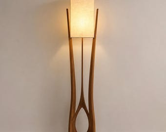 Moderne houten vloerlamp, staande lamp met linnen kap, sculpturale massief houten lamp voor woonkamer en slaapkamer.