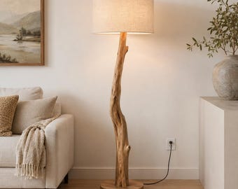 Rustic Natural Wood Floor Lamp, Linen Shade Standing Light, Handmade Branch Lamp for Living Room Bedroom Decor