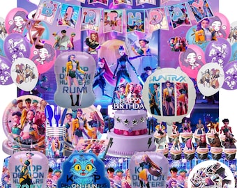 294 Pcs Kpop Demon Hunter Birthday Party Decoration Set - With Cake Toppers, Birthday Banner, Cake Topper, Table Cloth, Metallic Balloon