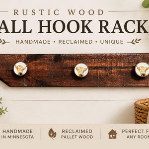 May include: A dark brown wooden wall hook rack featuring three circular knobs, each decorated with a small illustration of a highland cow. The text RUSTIC WOOD WALL HOOK RACK HANDMADE RECLAIMED UNIQUE is displayed above the wooden board.