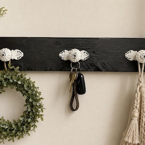 Rustic Wall Hook Rack with Vintage White Knobs, Handmade Wood Coat & Key Hanger, Farmhouse Entryway Decor