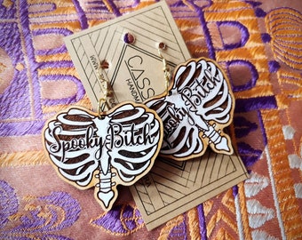 Spooky Bitch Earrings, heart rib cage Laser Engraved Wood, Light Weight!