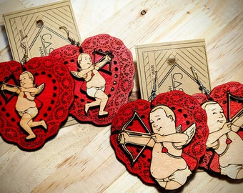 Valentine, Cupid Bobby Hill, Earrings, Laser Engraved Wood, Light Weight!