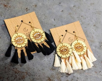 I'll be seeing you, All Seeing Eye, Eye, Tassel, Large Size, Laser Cut Wood Earrings, Cut Out, Light Weight, Made To Order