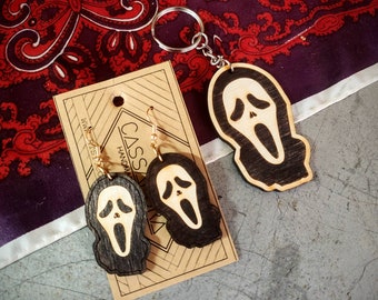 Ghost Face Earrings, keychain, Laser Engraved Wood, Light Weight!