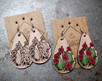 Prickly Pear Cactus, LEATHER Earrings, Laser Engraved, Laser Cut, Light Weight