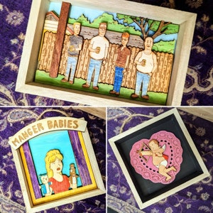Laser engraved wood wall art, shadow box, KOTH, Propane. Hank, Bobby, Luanne, Manger Babies, Alley, Fan Art, Hill Texas
