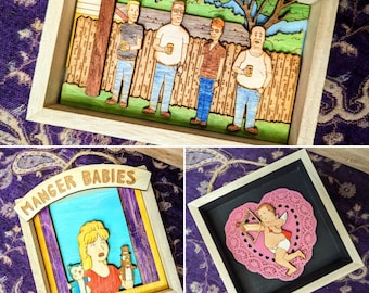 Laser engraved wood wall art, shadow box, KOTH, Propane. Hank, Bobby, Luanne, Manger Babies, Alley, Fan Art, Hill Texas
