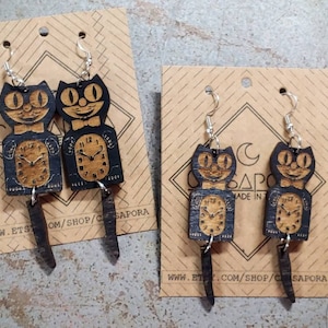 Cat Clock Earrings, Laser Cut Wood, Wood Earrings, Light Weight! Made To Order