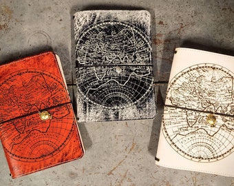 Rustic Leather Traveler's Journal - Engraved Double Globe Map, Travel Charm- 9"x6.5", Holds journals up to 8.5"x5.5"! Made To Order