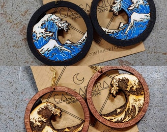 The Great Wave, Laser Engraved, Wood Earring, Hoop Earring, Light Weight!