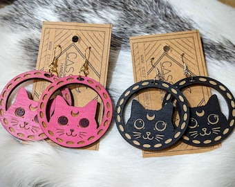 Moon Cat, Black Cat, Pink Cat, Moon, Sailor, Laser Engraved Wood Earrings, Light Weight!