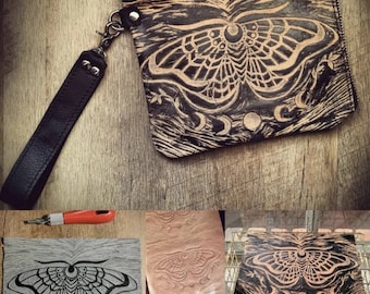 Embossed Leather Moth Clutch, Moon Phase Moth, Makeup Bag, Pencil Bag, Made to Order