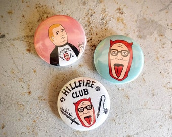 Bobby Hill, Hillfire Club, Dobby goes West, Devil Hank Hill, Fan Art Buttons, pin Back