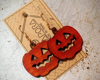 Jack-o'-lantern, Pumpkin, Halloween, Laser Engraved, Laser Cut Wood Earrings, Cut Out, Light Weight, Made To Order