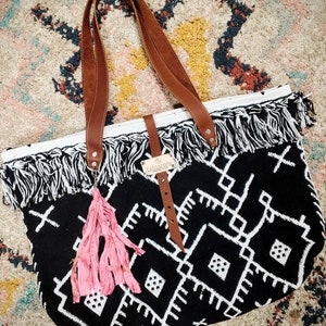 Black and White, XL Market Tote, Soft Tote, Woven Fiber and Leather Tote, Upcycled Tote, Leather Trim, Leather Tote, Made To Order