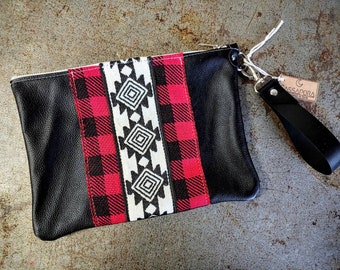 Buffalo Check, Geometric, Zipper Bag, Makeup Bag, Clutch, 12" X 8", Wristlet Strap, Made to Order