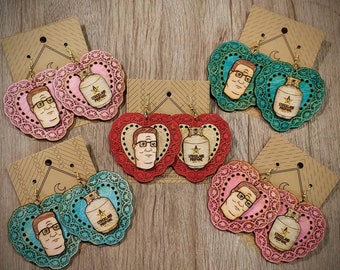 Valentine, Propane + Hank Hill = <3 Earrings, Laser Engraved Wood, Light Weight!