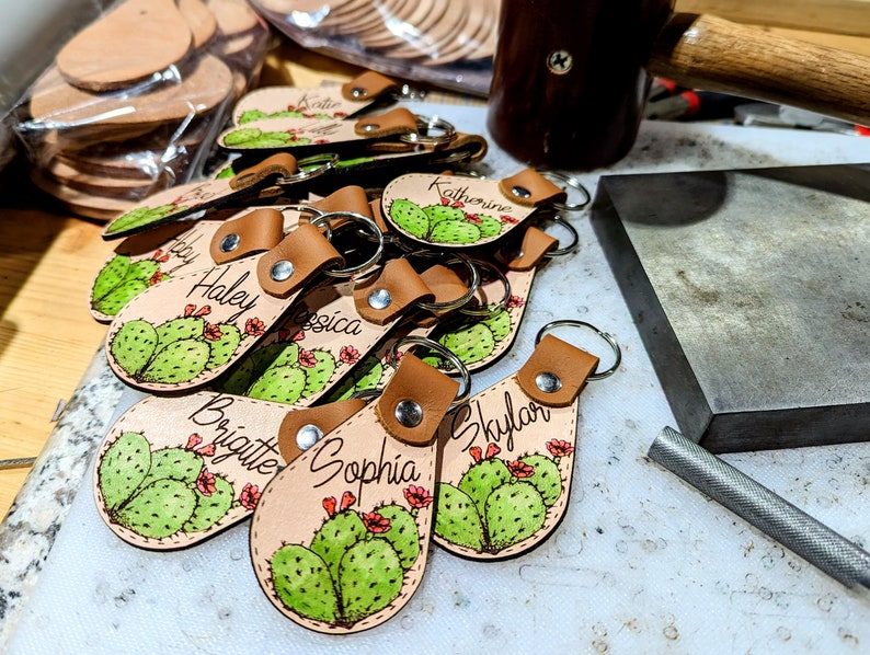 Custom Name, Prickly Pear Cactus, LEATHER Keychain, Laser Engraved, Laser Cut, Key Fob, Made To Order image 3