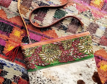 Recycled Sari Trim, Hair on Cowhide Leather Crossbody, Tassel, Large Clutch, Upcycled Belt Strap, made to order