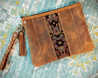 Tapestry Accent, Remnants Leather, Zipper Bag, Makeup Bag, Tassel, Clutch, Large 10.5" X 8", Braided Wristlet Strap, OOAK, Ready to Ship