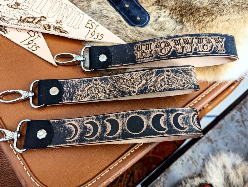 HOWDY, Moth, Moon Phases, Wristlet Strap, Embossed Leather Key Chain Clip, Holds 3 Key Rings, Clip your keys to almost anything image 1