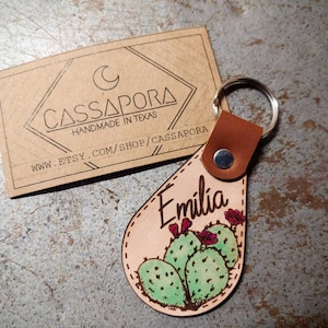 Custom Name, Prickly Pear Cactus, LEATHER Keychain, Laser Engraved, Laser Cut, Key Fob, Made To Order image 1