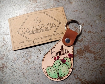 Custom Name, Prickly Pear Cactus, LEATHER Keychain, Laser Engraved, Laser Cut, Key Fob, Made To Order