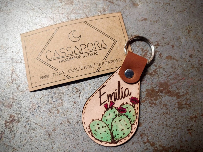 Custom Name, Prickly Pear Cactus, LEATHER Keychain, Laser Engraved, Laser Cut, Key Fob, Made To Order image 1