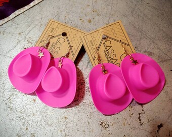 Pink Cowboy Hat Earrings, Plastic, Statement Earrings, Fun, Rodeo, Light Weight, Made To Order