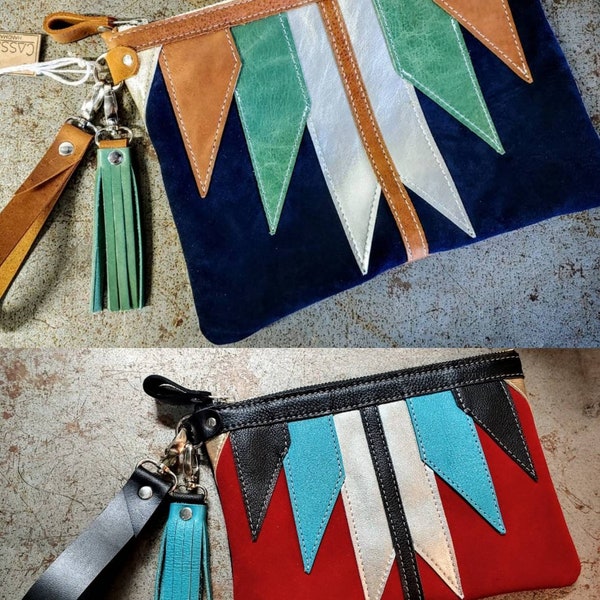 Layered geometric Leather, Zipper Bag, Makeup Bag, Tassel, Clutch, Large 11" X 8", Small 9.5" X 7", Wristlet Strap, Made To Order