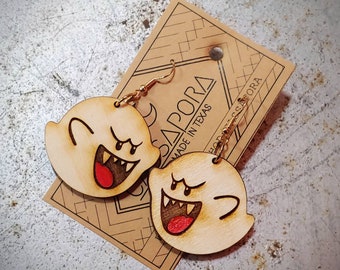 Boo, King, Ghost, Game, Laser Engraved, Laser Cut Wood Earrings, Cut Out, Light Weight, Made To Order