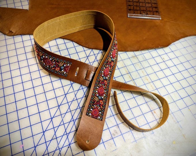 Leather Guitar Strap, Americana, Retro Style, Folk, Woven Ribbon Design, Made to Order