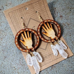 Engraved Palmistry, Crystal Earrings, Laser Cut Wood Earrings, Cut Out,  Made To Order